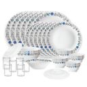 Larah by Borosil Silk Series Blue Iris Opalware Dinner Set with Vision Glass | 35pcs for Family of 6 ...