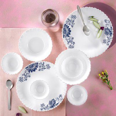 Larah by Borosil Silk Series Leona Opalware Dinner Set with Steel Spoon | 33 Pcs for Family of 6 | Plates & Bowls