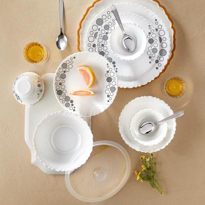 Larah by Borosil Silk Series Luna Opalware Dinner Set with Steel Spoon | 41 Pcs for Family of 6 | Microwave & Dishwasher Safe | Bone-Ash Free | Crockery Set for Dining & Gifting | Plates & Bowls