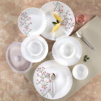 Larah by Borosil Silk Series Red Bud Opalware Dinner Set with Steel Spoon, Plates & Bowls | 55 Pcs