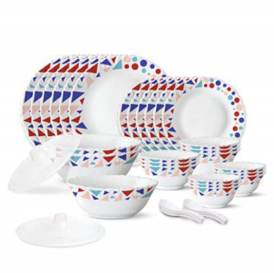 Larah by Borosil Speckle Silk Series Opalware Dinner Set | 35 Pieces for Family of 6 | White