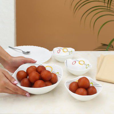 Larah by Borosil Splendour Square Series Opalware 5 Pcs Pudding Set | Microwave & Dishwasher Safe | Bowls Set | White