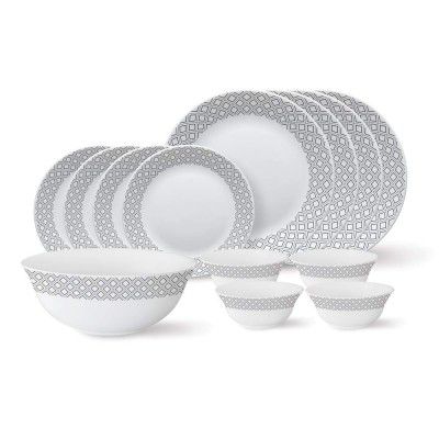 Larah by Borosil - Tiara Series, Black Grey Cone, 13 Pcs, Opalware Dinner Set, White