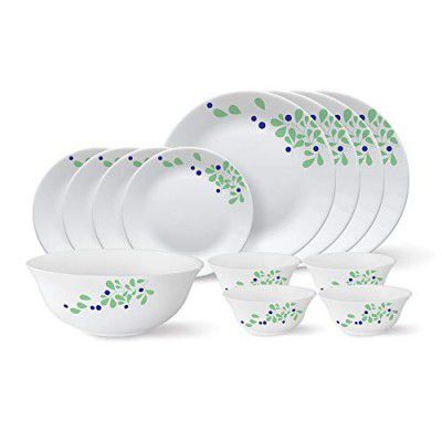 Larah by Borosil - Tiara Series, Foliage, 13 Pcs, Opalware Dinner Set, White
