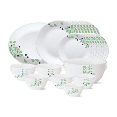 Larah by Borosil - Tiara Series, Foliage, 36 Pcs, Opalware Dinner Set, White