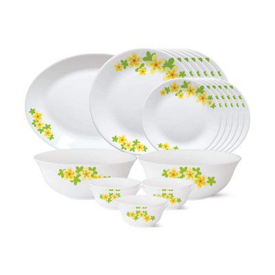 Larah by Borosil - Tiara Series, Golden Shower, 21 Pcs, Opalware Dinner Set, White