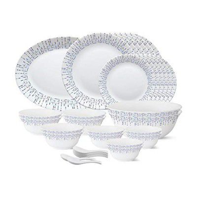Larah by Borosil - Tiara Series, Pulse, 33 Pcs, Opalware Dinner Set, White