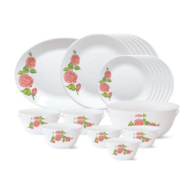 Larah by Borosil - Tiara Series, Rose Gold, 27 Pcs, Opalware Dinner Set, White