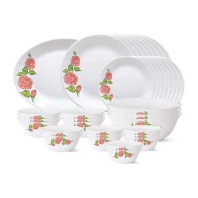Larah by Borosil - Tiara Series, Rose Gold, 36 Pcs, Opalware Dinner Set, White