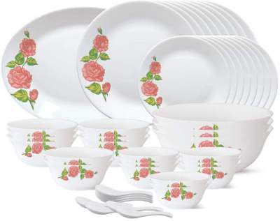 Larah by Borosil - Tiara Series, Rose Gold, 44 Pcs, Opalware Dinner Set, White