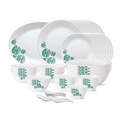 Larah by Borosil Tiara Series Woodstock Opalware Dinner Set | 44 Piece for Family of 8 | White