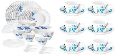 Larah by Borosil Twilight Silk Series Opalware Dinner Set, 35 Pieces & Larah By Borosil - Mimosa (LH) Cup and Saucer Set, 140ml, 12-Pieces