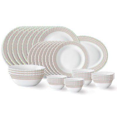 Larah by Borosil Waltz Fluted Series Opalware Dinner Set | 36 Pieces for Family of 8 | Microwave & Dishwasher Safe | Bone-Ash Free | Crockery Set for Dining & Gifting | Plates & Bowls | White