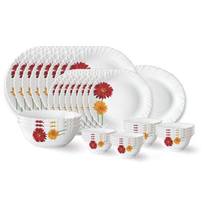Larah by Borosil Zinnia Fluted Series Opalware Dinner Set | 36 Pieces for Family of 8 | White