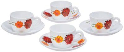 Larah by Borosil Zinnia Opalware Cup and Saucer Set of 8 pcs | Tea/Coffee Cups 140 ml | Microwave & Dishwasher Safe | Bone-Ash Free | Crockery Set Ideal for Daily Use & Gifting, White