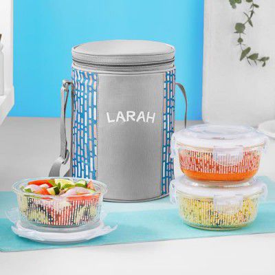 Larah Glassware Vogue Borosilicate Glass Lunchbox with Bag | 3pc Round Container Set (400 ml Each) | Blue