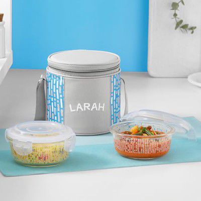 Larah Glassware Vogue Borosilicate Glass Lunchbox with Bag | 2pc Round Container (400 ml Each)