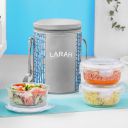 Larah Glassware Vogue Borosilicate Glass Lunchbox with Bag | 3pc Round Container Set (400 ml Each) | Blue...