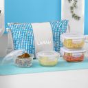 Larah Glassware Vogue Daisy Borosilicate Glass Lunchbox with Bag | Set of 4 (320ml x 2 Square + 240ml x 2 Round) | Blue...