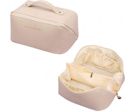 Large Capacity Travel Cosmetic Bag, Leather Makeup Bag with Handle and Divider