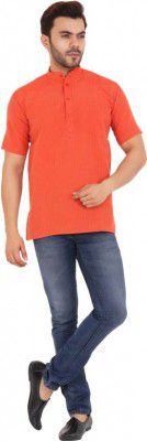 Latest Chikan Men Striped Cotton Blend Straight Kurta (Orange)