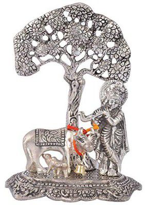 Lavanaya Silver Lord Krishna with Cow Standing Under Tree Playing Flute Silver Plated Figurine (12x8x17cm)