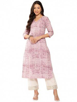 Lavender Stripe Printed V-Neck Embellished with Triangular Lace, Three Quarter Sleeves with Gota Lace Detail, Straight Kurta with Side Slits