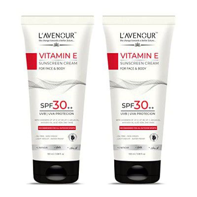 L’avenour Vitamin E Sunscreen, SPF 30++ For UVB & UVA Protection, Oil Free, Light Weight, Non-Greasy & Water Proof Sunscreen 100ml - (Pack of 2)