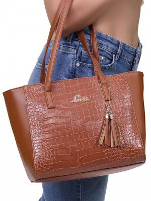 Lavie Betty Tan Brown Animal Textured Structured Shoulder Bag with Glossy Tasselled Detail