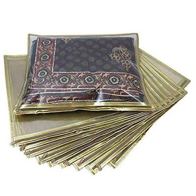Laxis Non-Woven Single Saree Bags Golden Colour, Transparent Saree Covers With Zip, Wardrobe Organiser, Size-36x42x2 CM (Pack of 10)