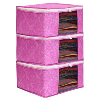LAXIS Storage Box For Clothes, Foldable Clothes Oraniser For Wardrobe With Transparent Window Zipper Non Wowen Saree Covers Storage Bag Ideal For Lehenga Saree (45x33.5x22cm) (Pack Of 3, Pink)
