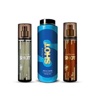 Layer'r Shot Fragrant Body Spray For Men- Pack of 2 | Power Play (135ml), Gold Ultima (135 ml) & Arctic Fresh Cooling Talc (100g)