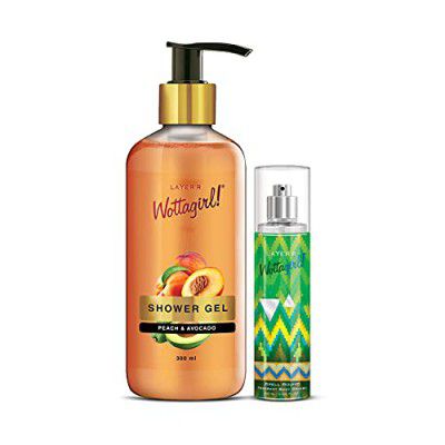 Layer'r Wottagirl Combo | Peach & Avocado Shower Gel | Non-Toxic and Paraben Free | For Women, 300ML with Spell Bound Body Splash, 60 ml