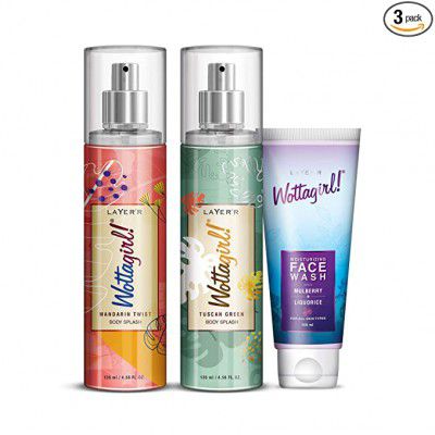 Layerr Wottagirl Mandarin Twist Body Splash for women 135ml with Tuscan Green Body Splash for women 135ml & Get Wottagirl Face Wash 100ml