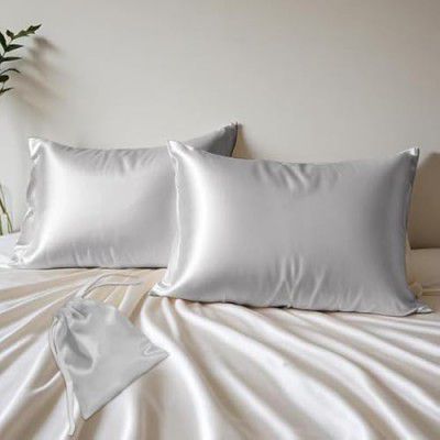 Layers Micro Satin Silky Pillow Cover Set & Drawstring Pouch (Pack of 2) | Luxury Satin Pillow Covers | Cozy Micro Satin Pillow Covers - 85TC, Gray