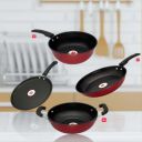 LAZYwindow Kitchen Cookware Set with Sauce Pan, Fry Pan, Dosa Tawa, Kadhai, Non-Stick, 4 Count, Red...