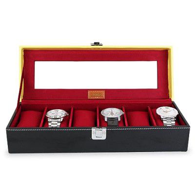 LEDO Faux Leather Watch Case Box Organizer In 6 Slots Of Watches With Transparent Look Black & Cherry Color