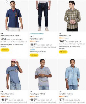 Amazon : Upto 80% OFF - Lee Clothing