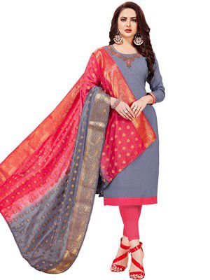 Leeza Store Womens Cotton Slub Embroidered Unstitched Churidar Dress Material With Banarasi Dupatta
