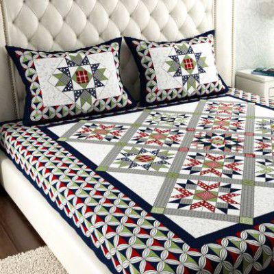 Leo Creation 144 TC Cotton Double Jaipuri Prints Flat Bedsheet  (Pack of 1, Blue, Gree, Red, Grey, Light Grey)