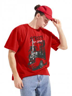 LEOTUDE Half Sleeve Oversized Cottonblend Round Neck Drop Shoulder Printed T-Shirt for Men's (Color Red)