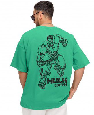 LEOTUDE Men Half Sleeve Cottonblend Oversized Back Printed T-Shirt (Color Rama Green)