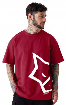 LEOTUDE Men's Short Sleeve with Round Neck, Oversized Longline Drop Shoulder, Very Trendy Printed, Boho Style T-Shirt | Maroon Color