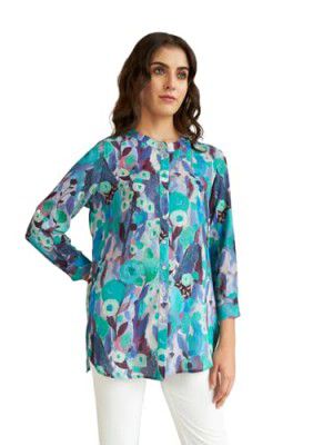 Leriya Fashion Rayon Vibrant Floral Printed Long Cuff Sleeves Button Closure Mandarin Collar Fancy Shirt Style Tops for Women Suitable for Office Party for Girls (2X-Large, Blue)