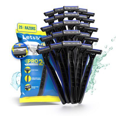 LetsShave Pro 2 Blade Plus Disposable Shaving Razor For Men | Stainless Steel Shaving Blade Made In South Korea | Open Flow Twin Razor Blade With Pivot Head and Safety Cap | Hair Remover | Pack Of 5