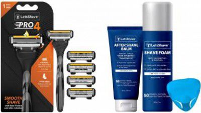 LetsShave Pro 4 Shaving Value Kit Pack of 4 Blades + Razor Handle ( Green ) (Razor Cap + After Shave Balm + Shave Foam - 200 g)  (5 Items in the set)