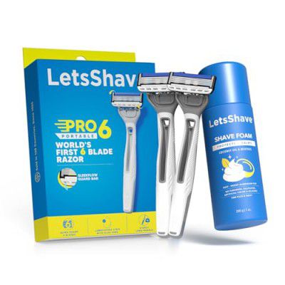 LetsShave Pro 6 Portable Shaving Trial Kit for Men, 2 Razors+Shaving Foam (200g), World's first 6 Blade Disposable Razor, Value kit, Shaving Set for Men