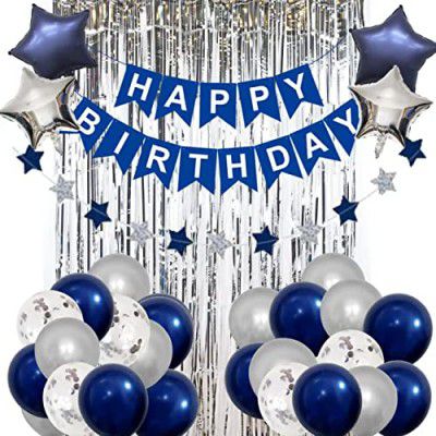 LeveliN Happy Birthday Decoration Kit Blue and silver Combo-55 Pcs set