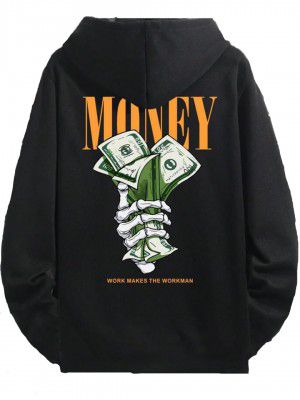 LEWEL Men's Stylish Graphic Printed Full Sleeve Hooded T-Shirt (Black)