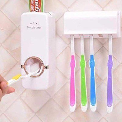 Lexazo Hands Free Wall Mounted Plastic Dust Proof Automatic Toothpaste Dispenser and Detachable Hole 5 Toothbrush Holder, White